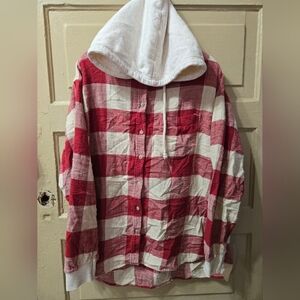 American Eagle Red White Plaid Button Front Hooded Shacket Size: XL